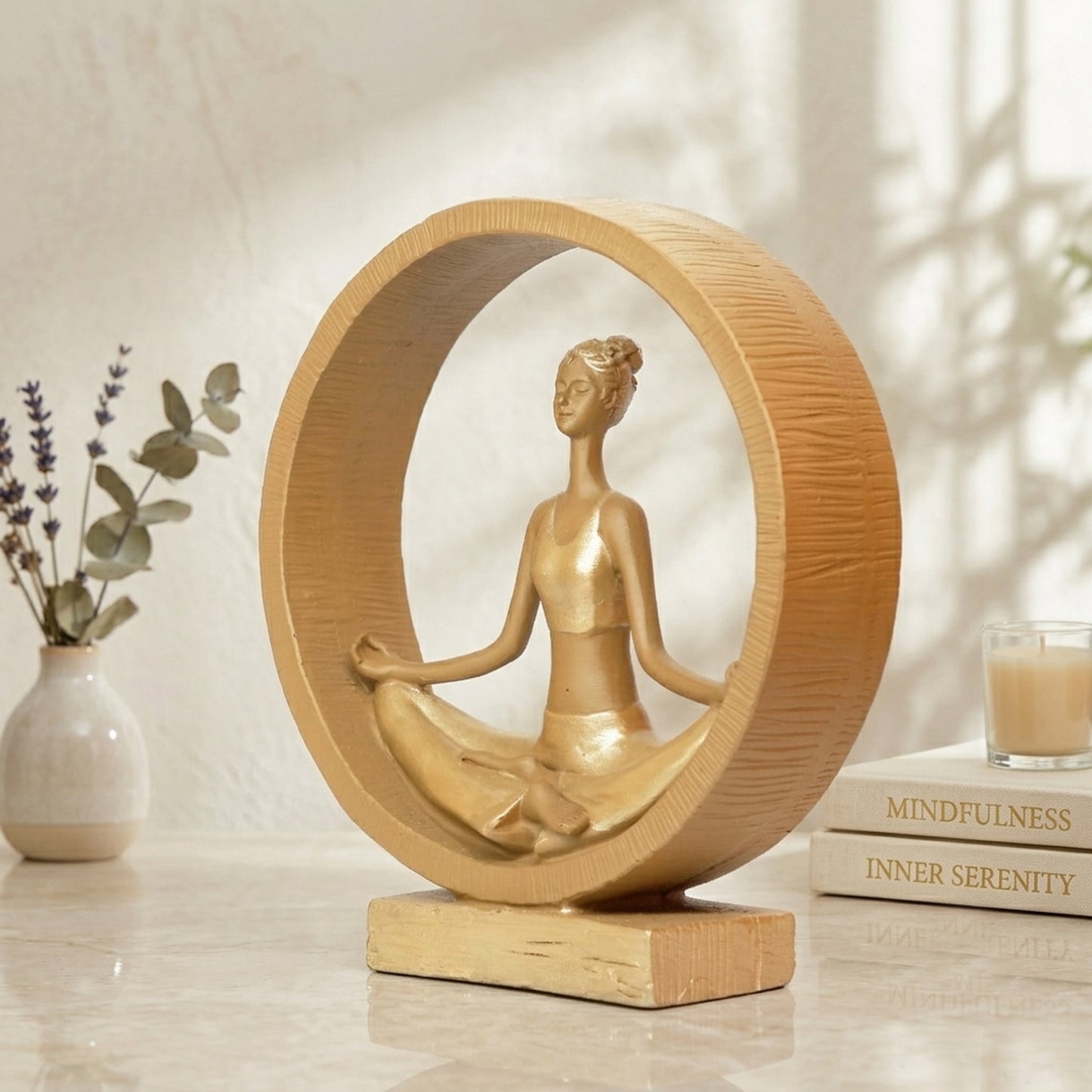 Upharkaro Golden Lotus Meditation Yoga Lady Statue with Circular Frame Resin Zen Decor Showpiece for Home Office Living Room & Meditation Corner