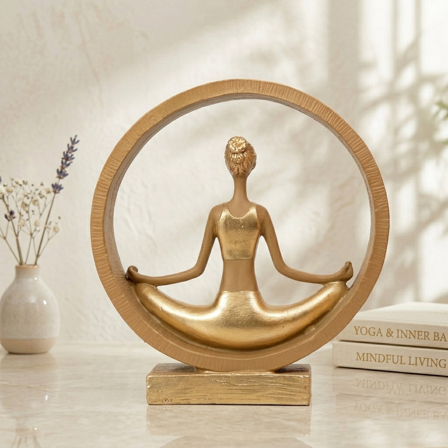 Upharkaro Golden Lotus Meditation Yoga Lady Statue with Circular Frame Resin Zen Decor Showpiece for Home Office Living Room & Meditation Corner