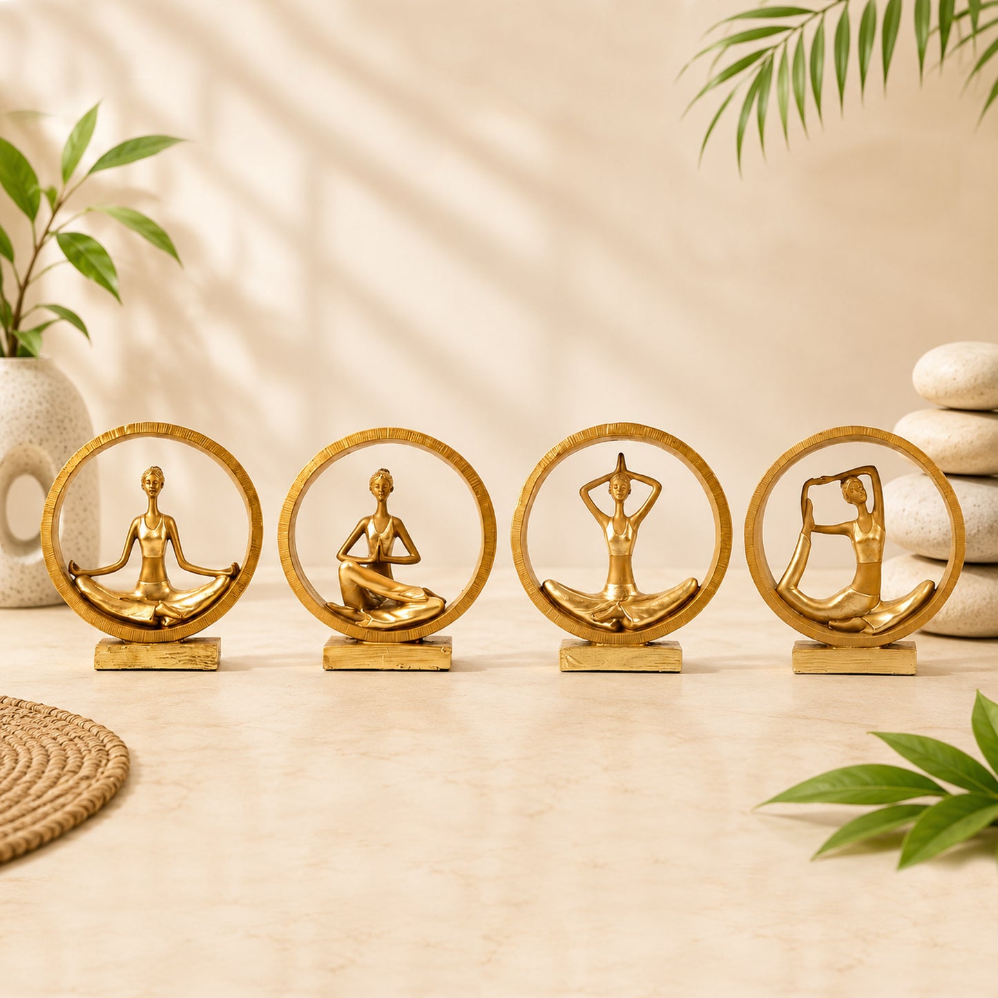 Set of 4 Golden Yoga Lady Statues with Circular Frame | Meditation, Namaste, Lotus & Stretch Yoga Pose Figurines | Modern Home Decor Showpieces for Living Room, Office & Yoga Studio