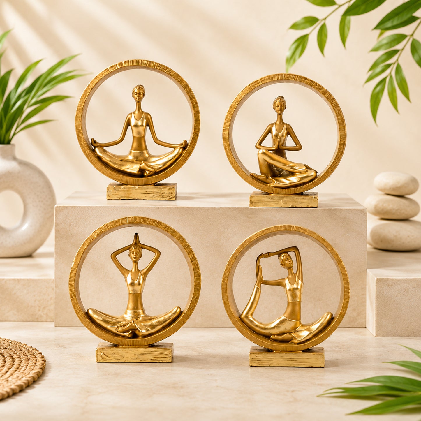 Set of 4 Golden Yoga Lady Statues with Circular Frame | Meditation, Namaste, Lotus & Stretch Yoga Pose Figurines | Modern Home Decor Showpieces for Living Room, Office & Yoga Studio