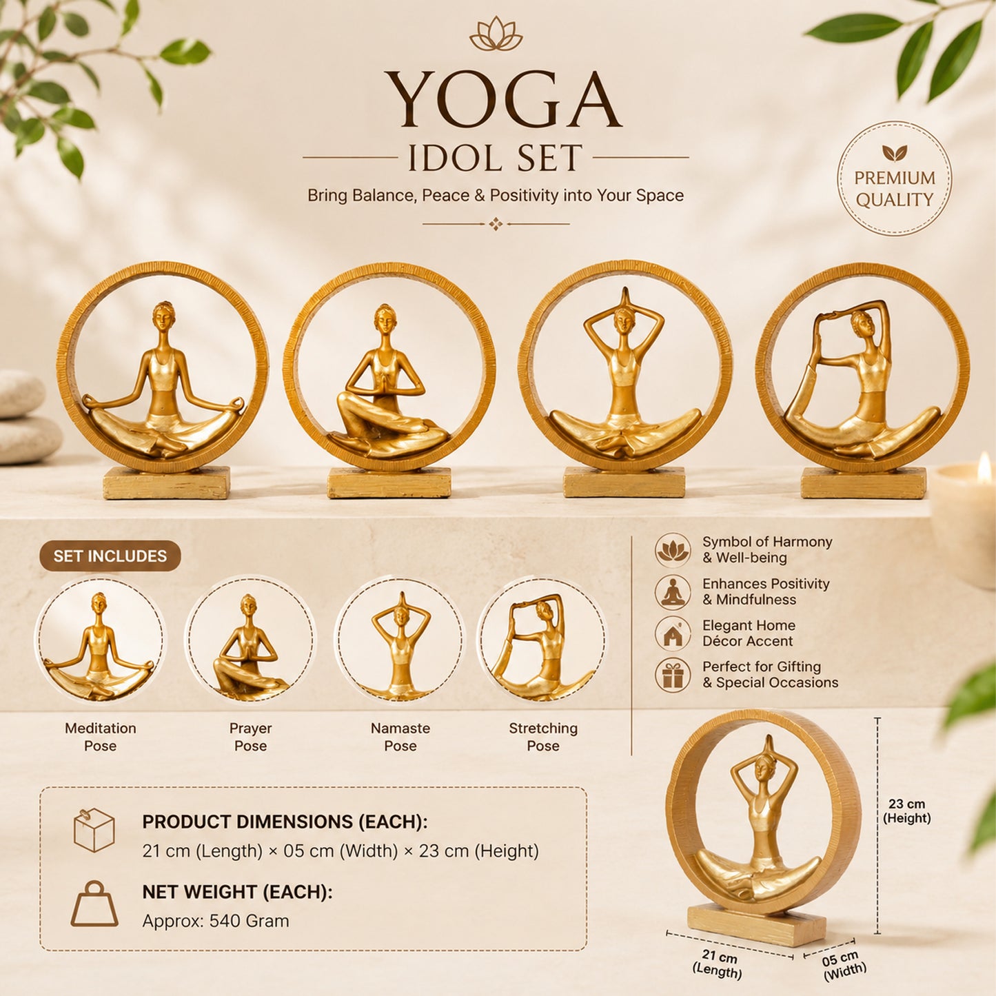 Set of 4 Golden Yoga Lady Statues with Circular Frame | Meditation, Namaste, Lotus & Stretch Yoga Pose Figurines | Modern Home Decor Showpieces for Living Room, Office & Yoga Studio