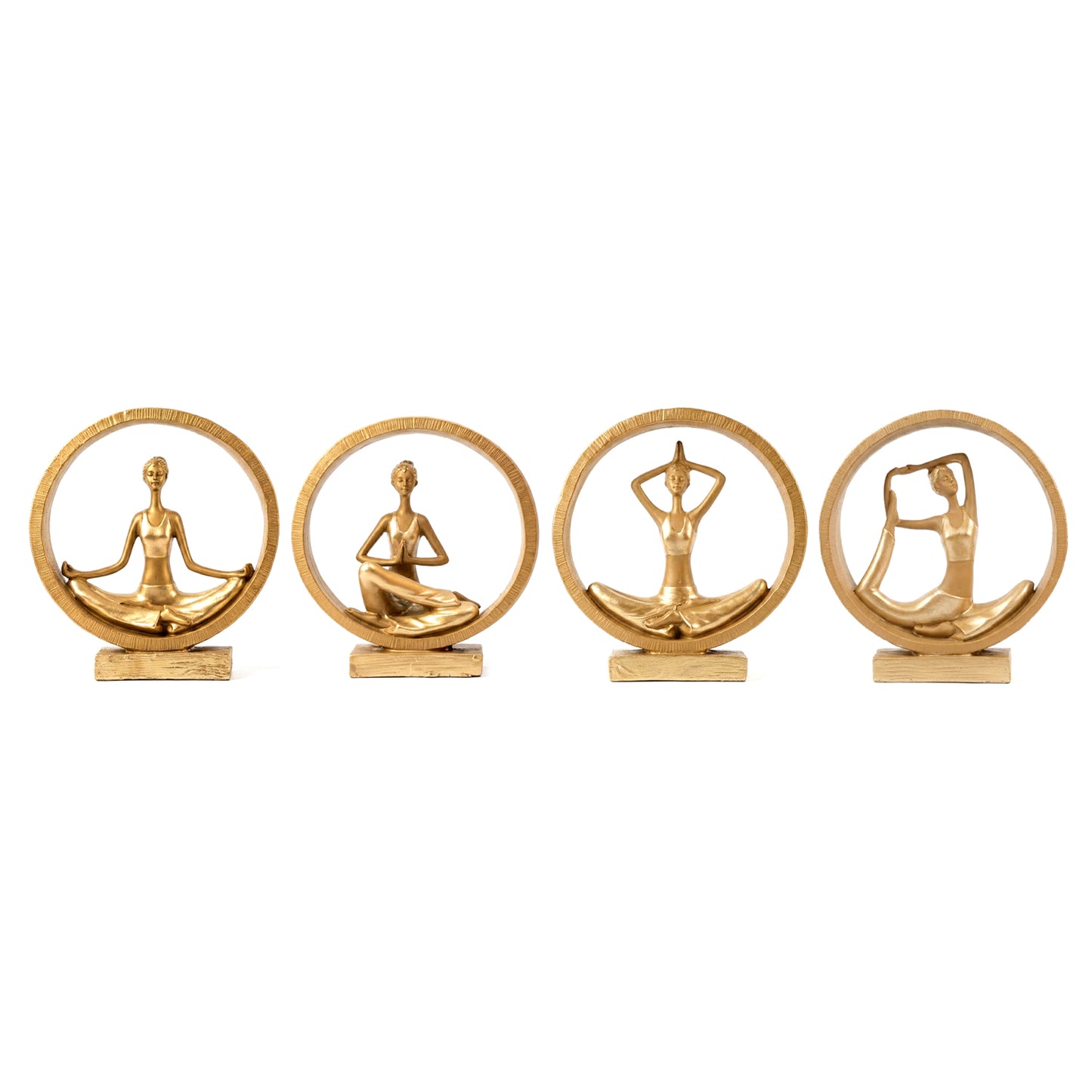 Set of 4 Golden Yoga Lady Statues with Circular Frame | Meditation, Namaste, Lotus & Stretch Yoga Pose Figurines | Modern Home Decor Showpieces for Living Room, Office & Yoga Studio