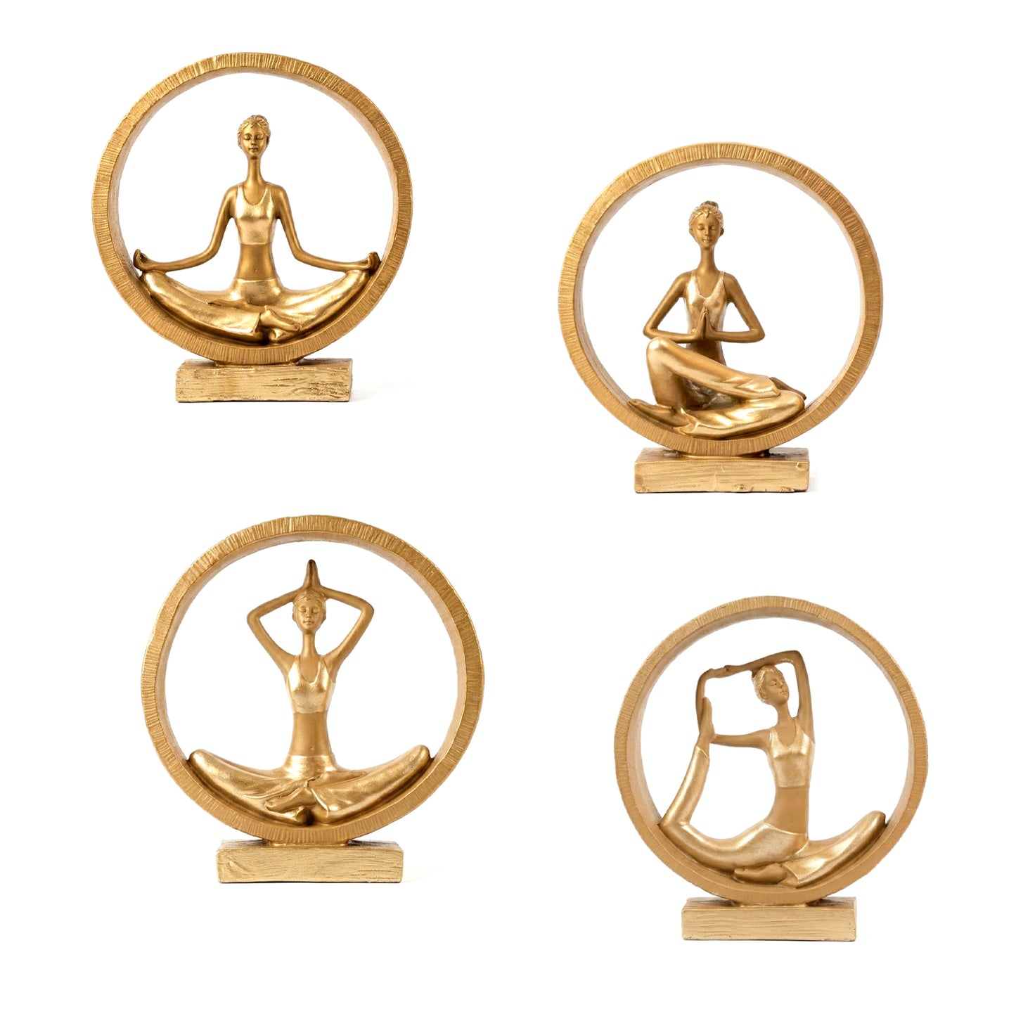 Set of 4 Golden Yoga Lady Statues with Circular Frame | Meditation, Namaste, Lotus & Stretch Yoga Pose Figurines | Modern Home Decor Showpieces for Living Room, Office & Yoga Studio