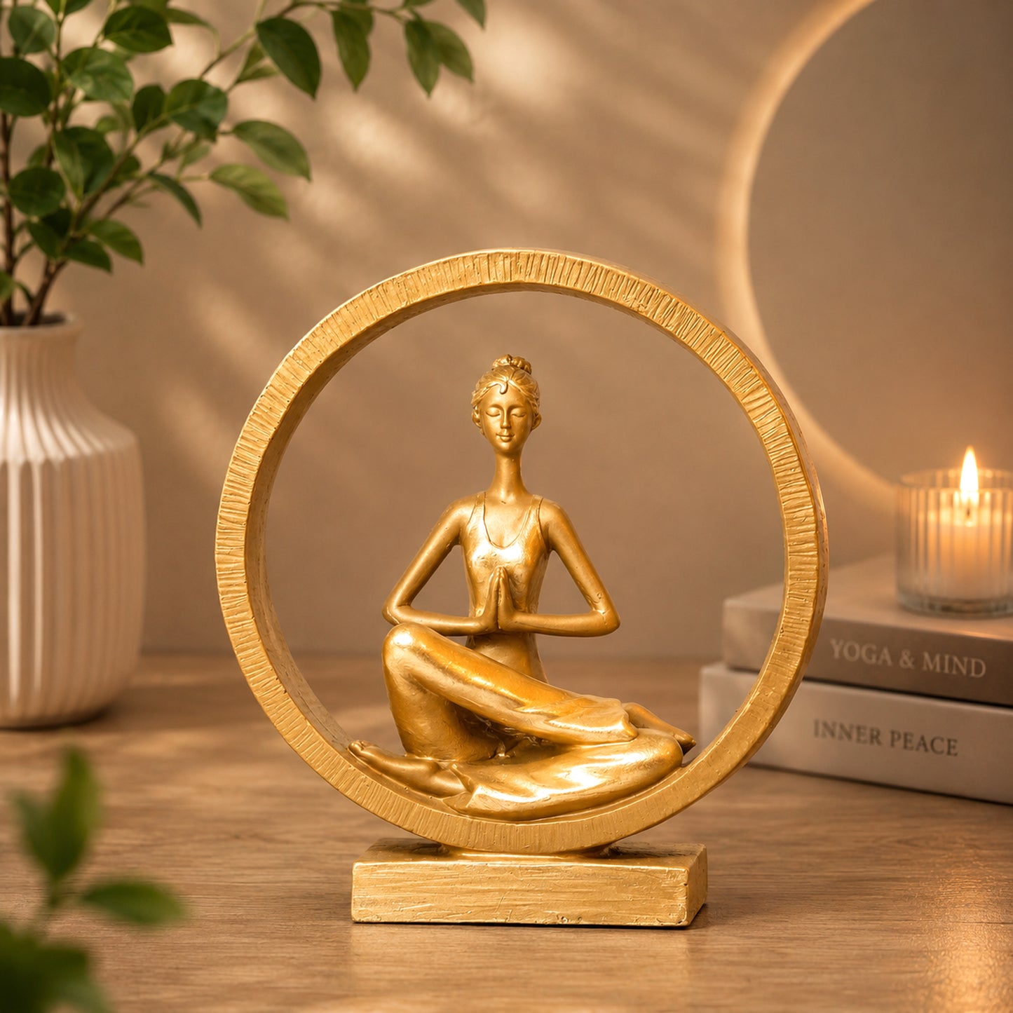 Upharkaro Golden Namaste Yoga Lady Statue with Circular Frame Resin Showpiece for Home Decor Living Room Office & Yoga Studio