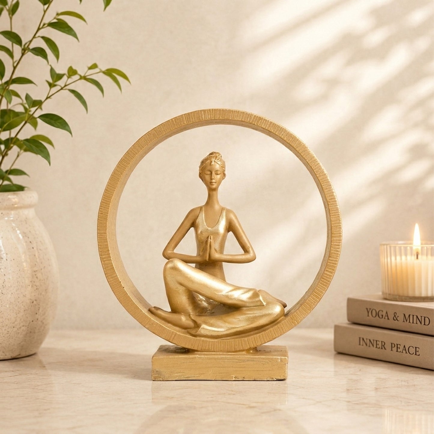 Upharkaro Golden Namaste Yoga Lady Statue with Circular Frame Resin Showpiece for Home Decor Living Room Office & Yoga Studio