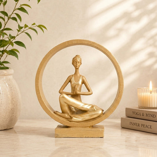Upharkaro Golden Namaste Yoga Lady Statue with Circular Frame Resin Showpiece for Home Decor Living Room Office & Yoga Studio