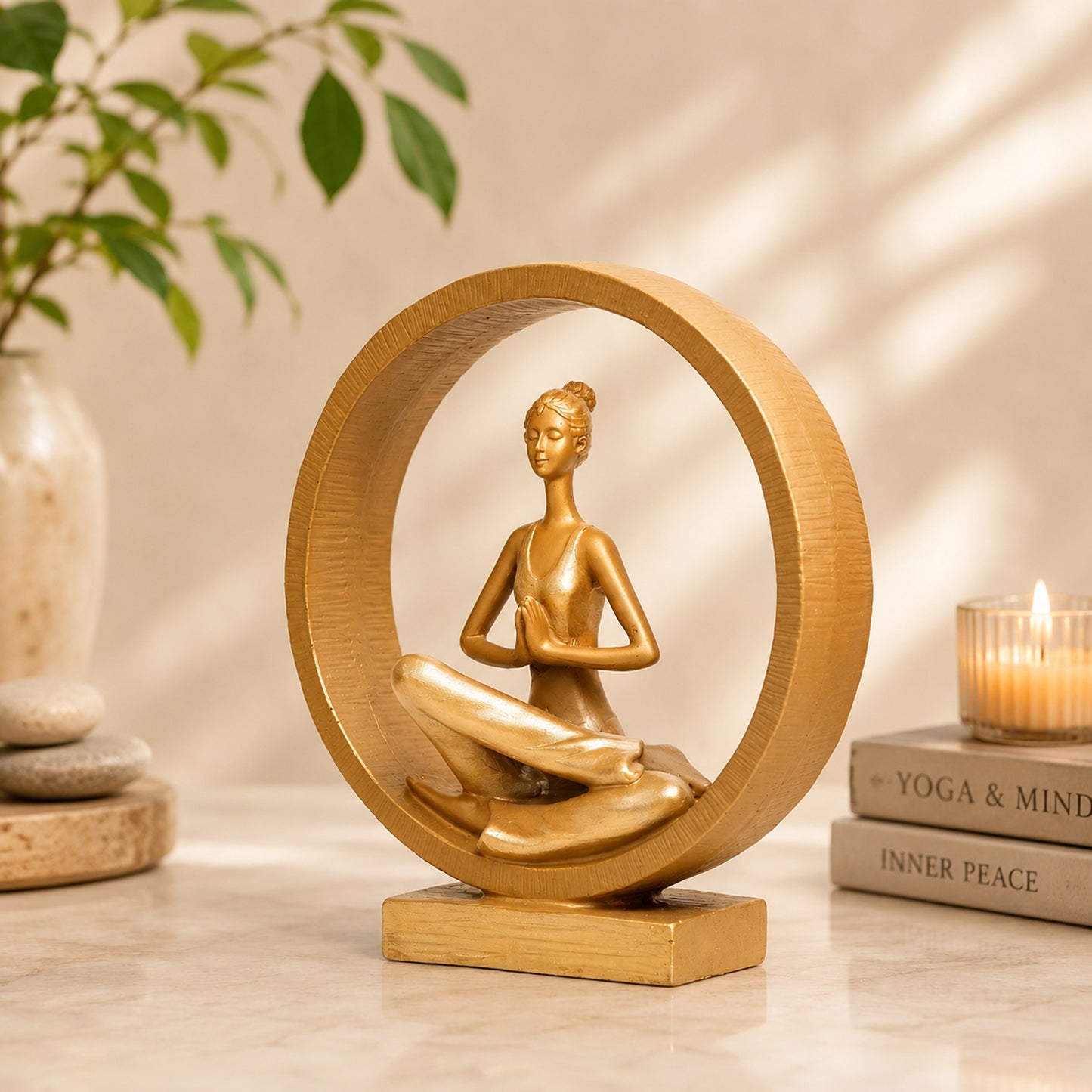 Upharkaro Golden Namaste Yoga Lady Statue with Circular Frame Resin Showpiece for Home Decor Living Room Office & Yoga Studio