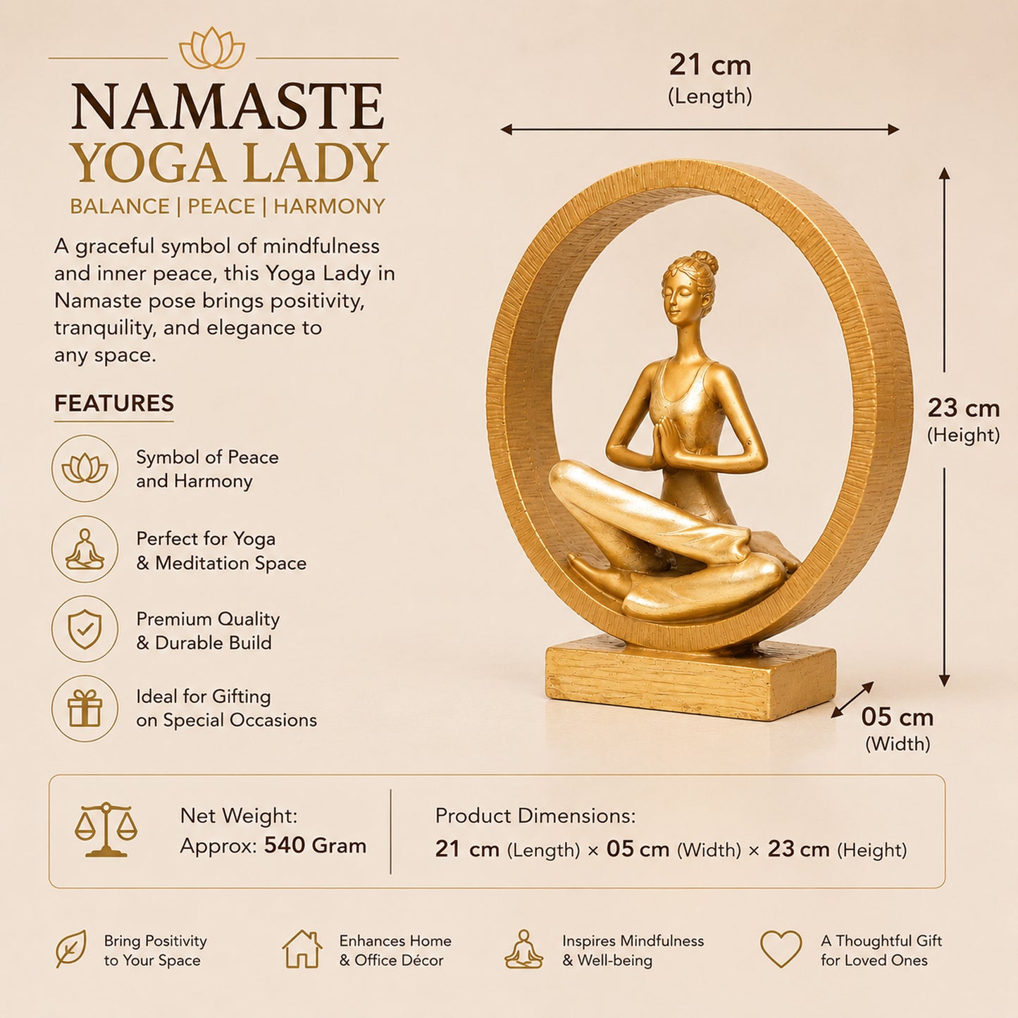 Upharkaro Golden Namaste Yoga Lady Statue with Circular Frame Resin Showpiece for Home Decor Living Room Office & Yoga Studio