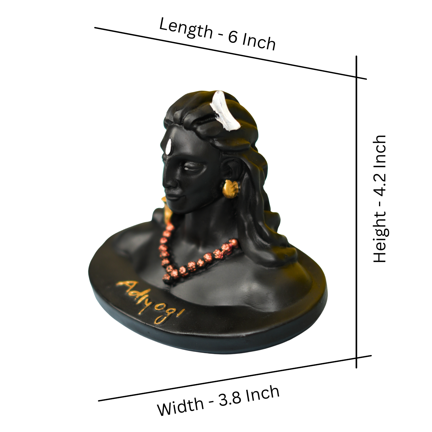 Black bust figurine with measurements on a white background