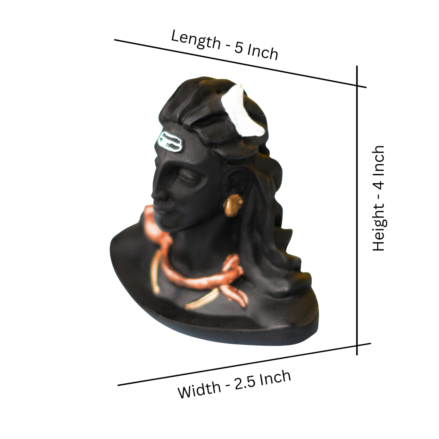 Black mask figurine with measurements on a white background