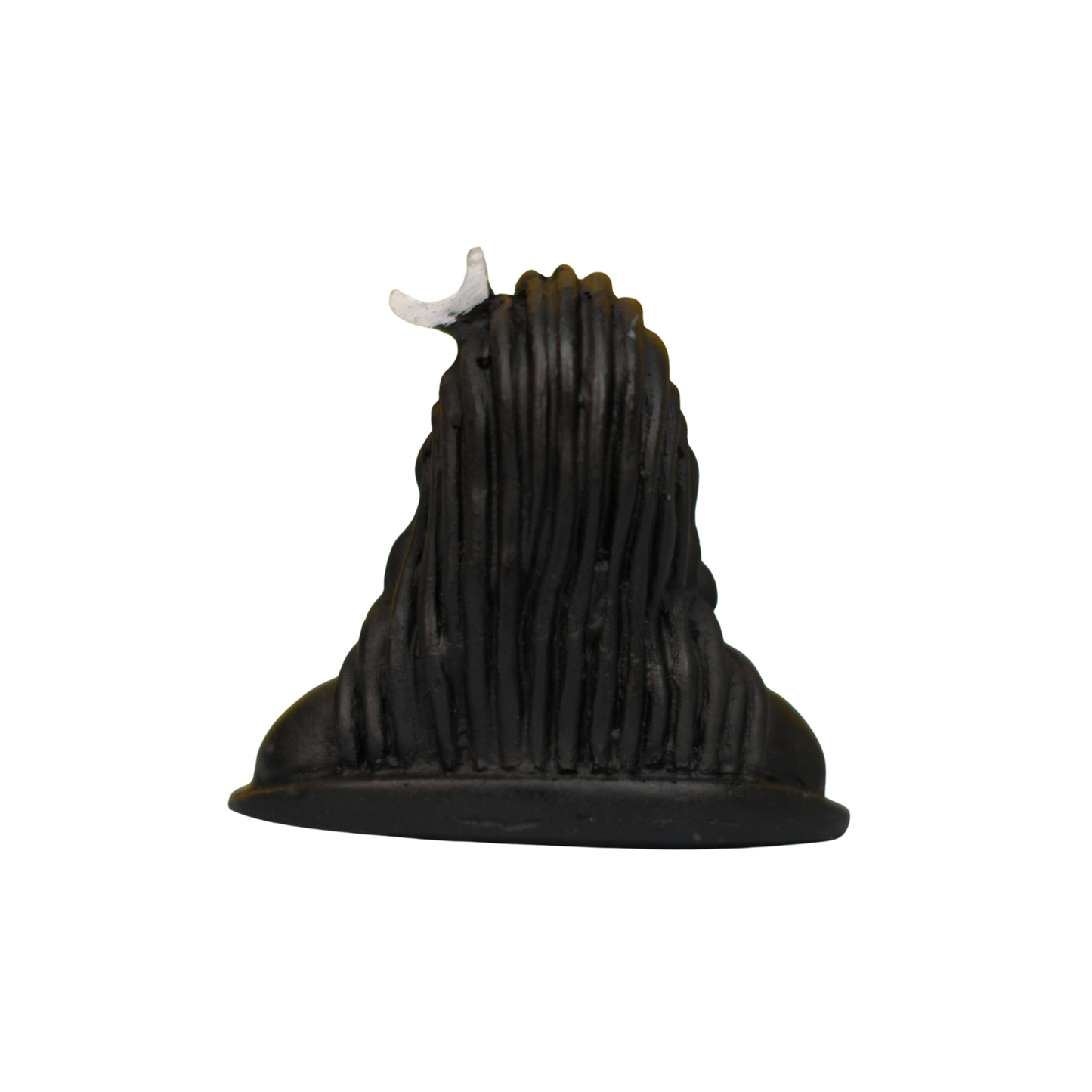Black figurine with long hair and a white emblem on a white background