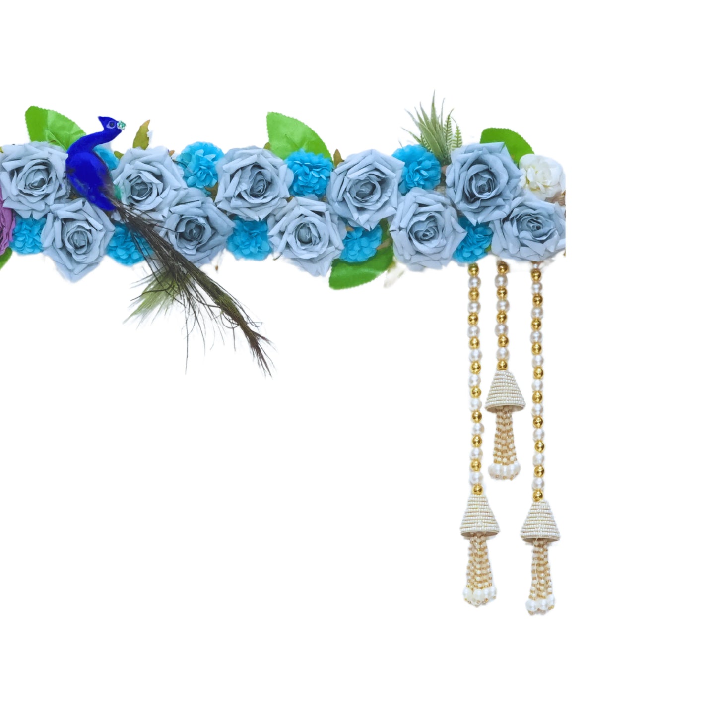 Decorative floral arrangement with blue flowers, green leaves, and peacock feather on a white background.