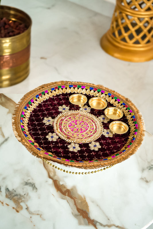 Golden Border Embroidery Work Velvet Pooja Thali