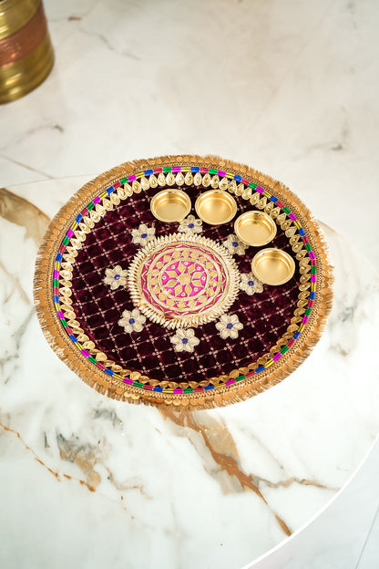 Golden Border Embroidery Work Velvet Pooja Thali