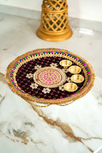 Golden Border Embroidery Work Velvet Pooja Thali