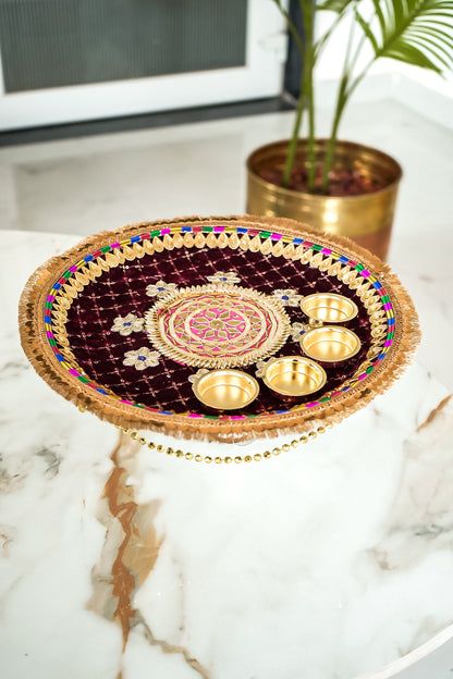 Golden Border Embroidery Work Velvet Pooja Thali