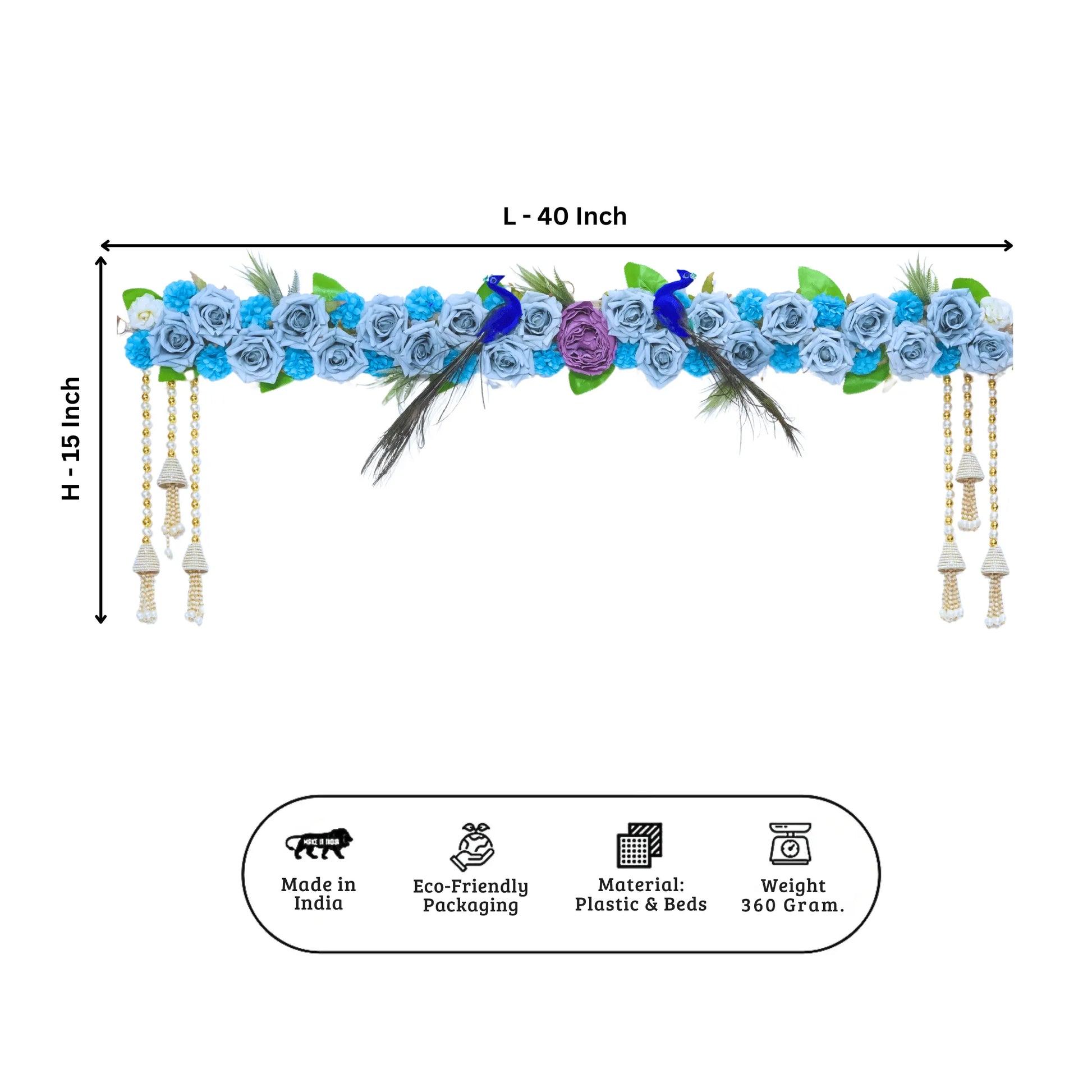 Decorative floral arch with measurements on a white background