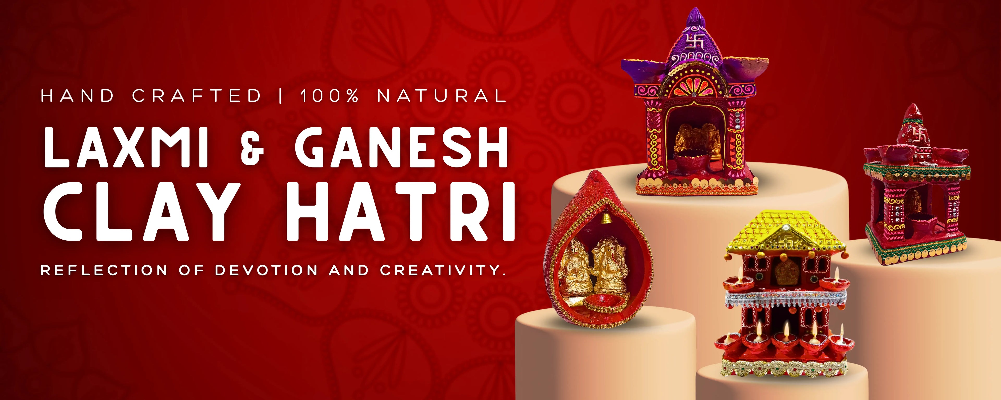 Handcrafted Laxmi and Ganesh clay hatri on a red background with text about natural materials and craftsmanship.
