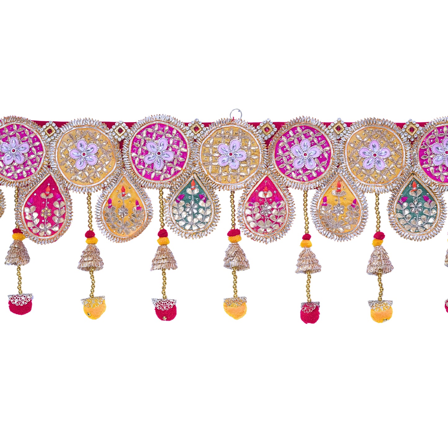 Decorative border with colorful floral patterns and tassels on a white background