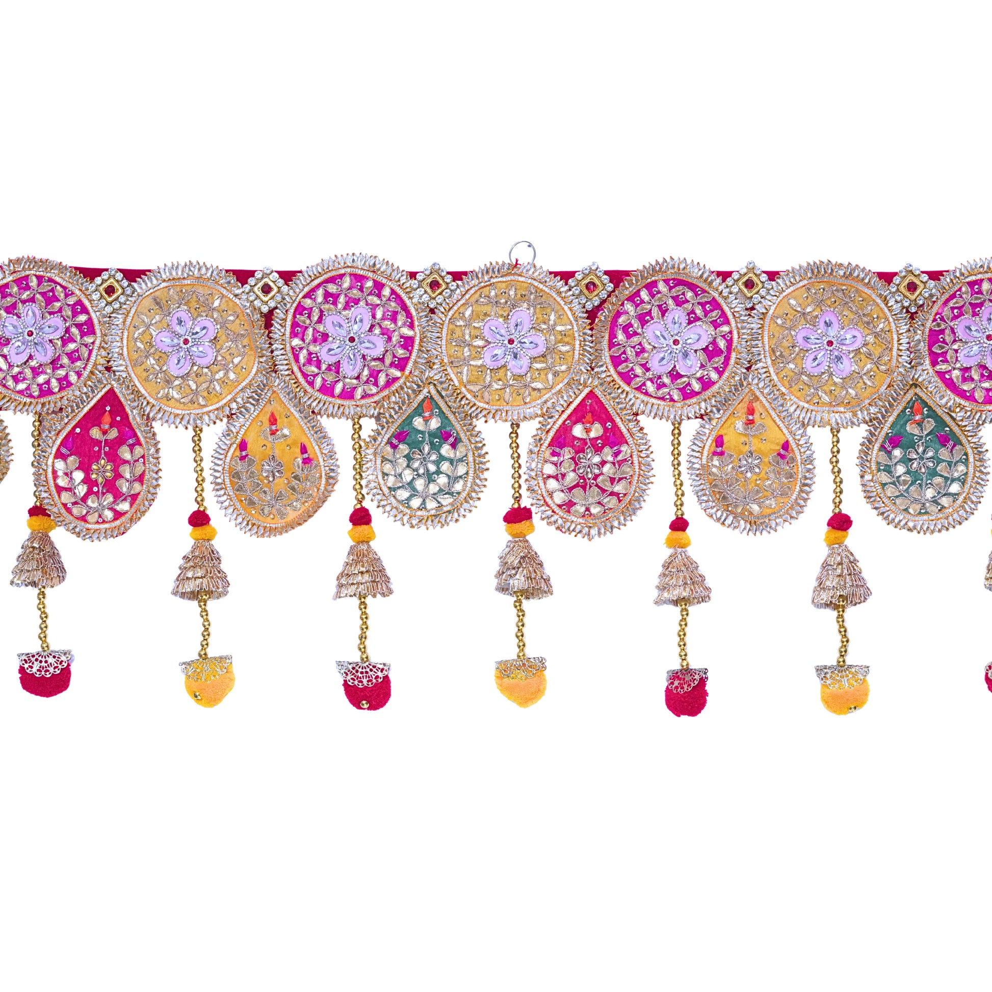 Decorative border with colorful floral patterns and tassels on a white background