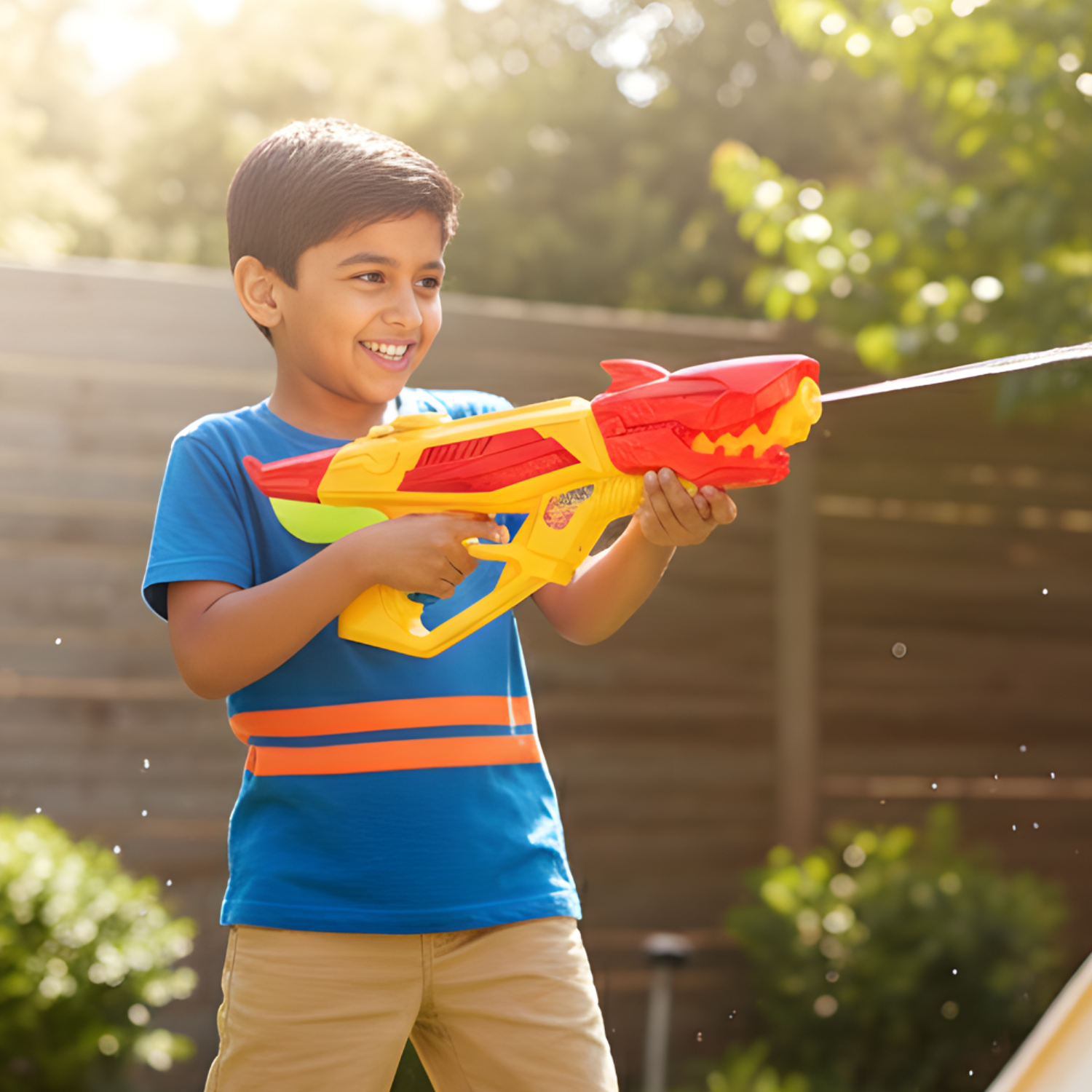 Child playing with a colorful water gun outdoors