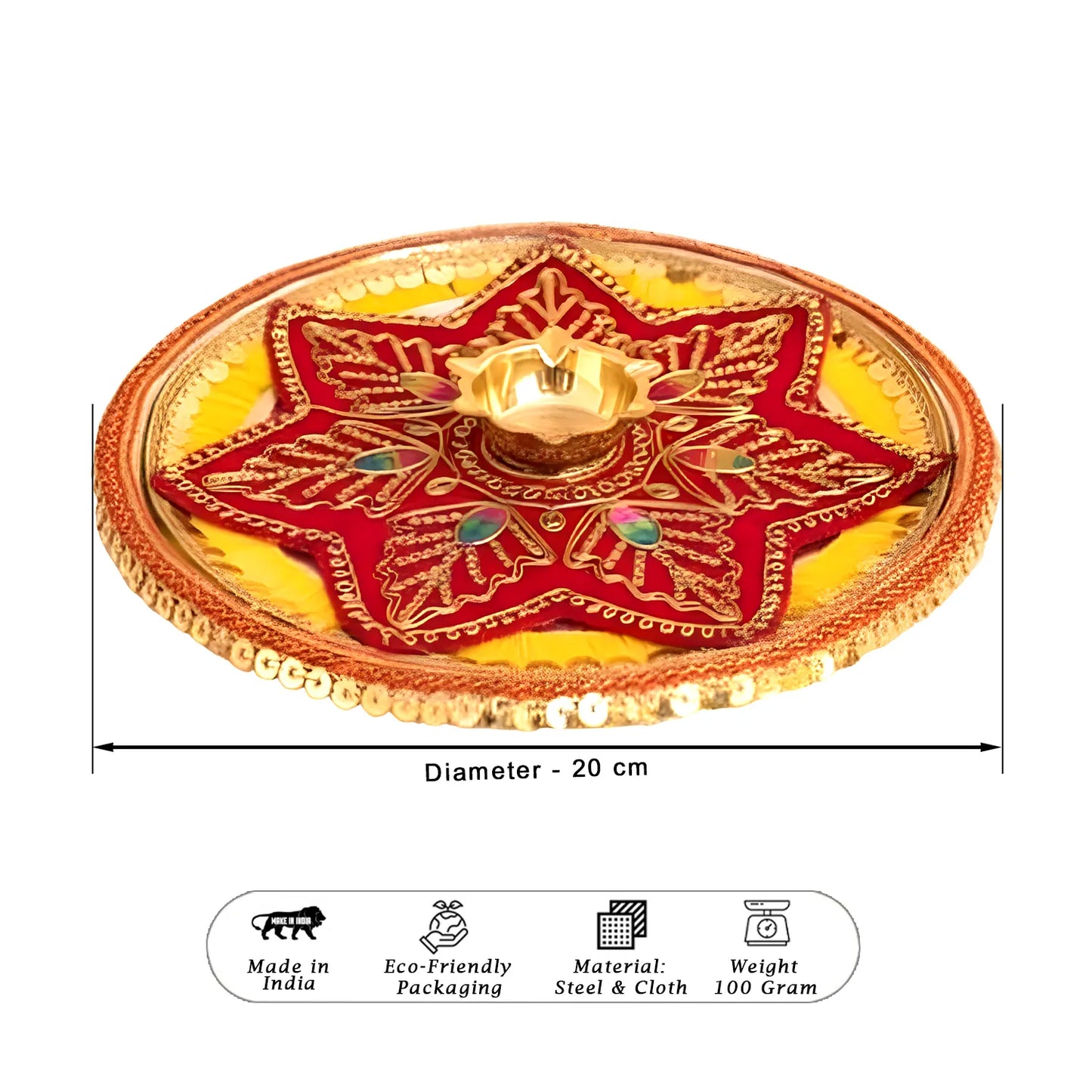 Decorative plate with star design and measurements on a white background