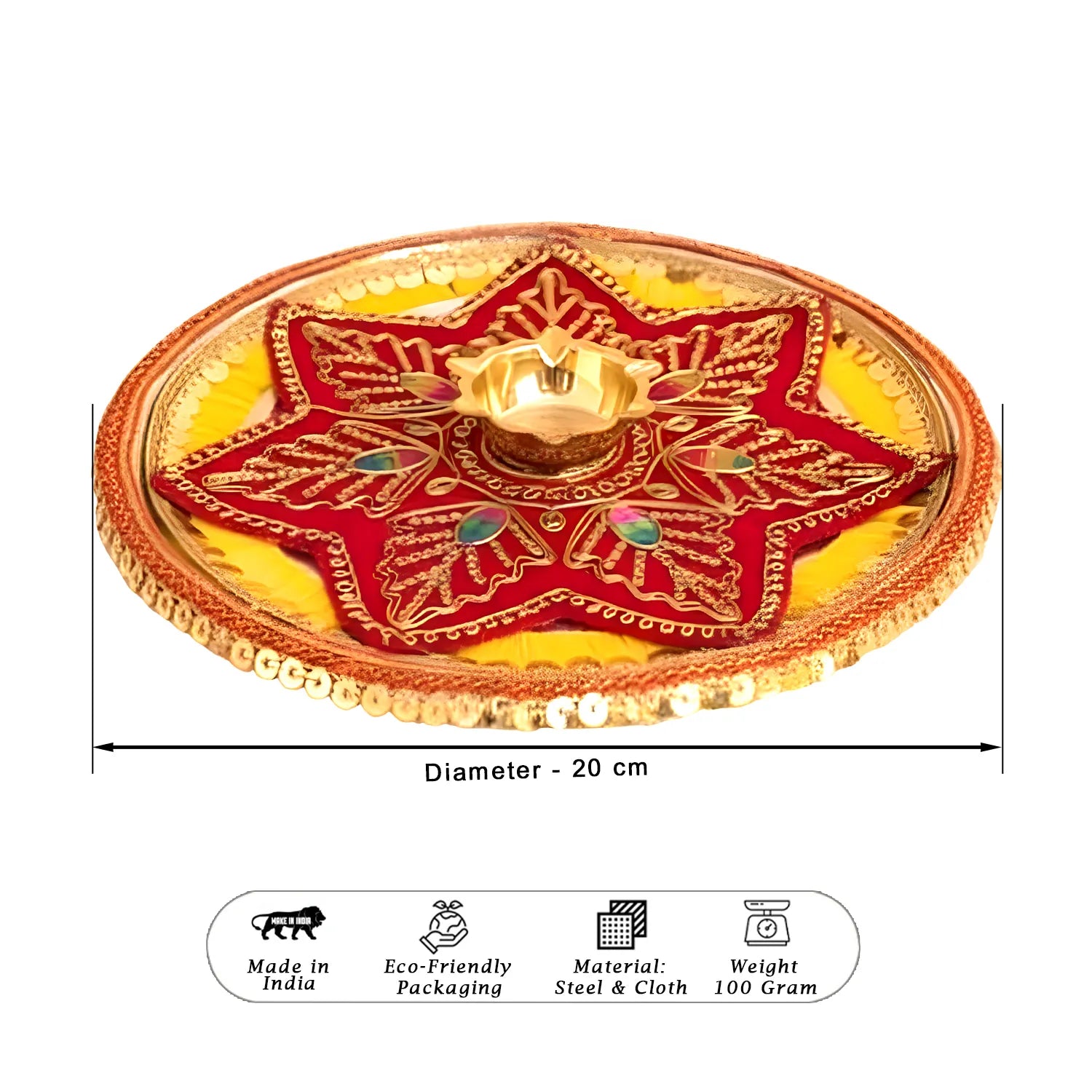 Decorative plate with star design and measurements on a white background