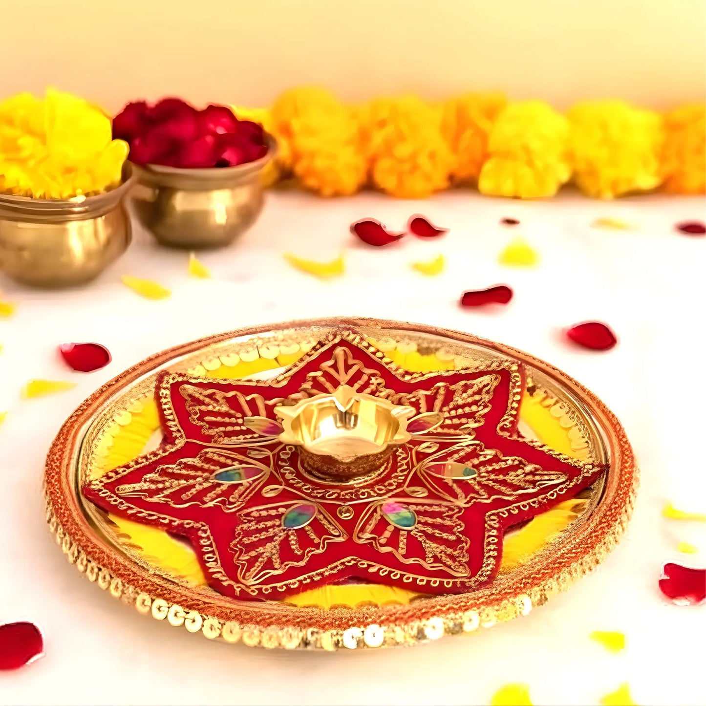Decorative star-shaped plate with gold and red design on a white background with flowers and petals.