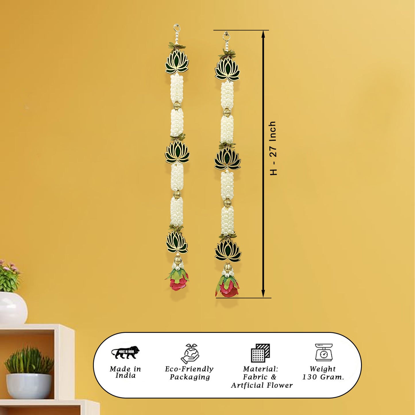 Long earrings with decorative elements on a yellow background, showing measurements and product details.