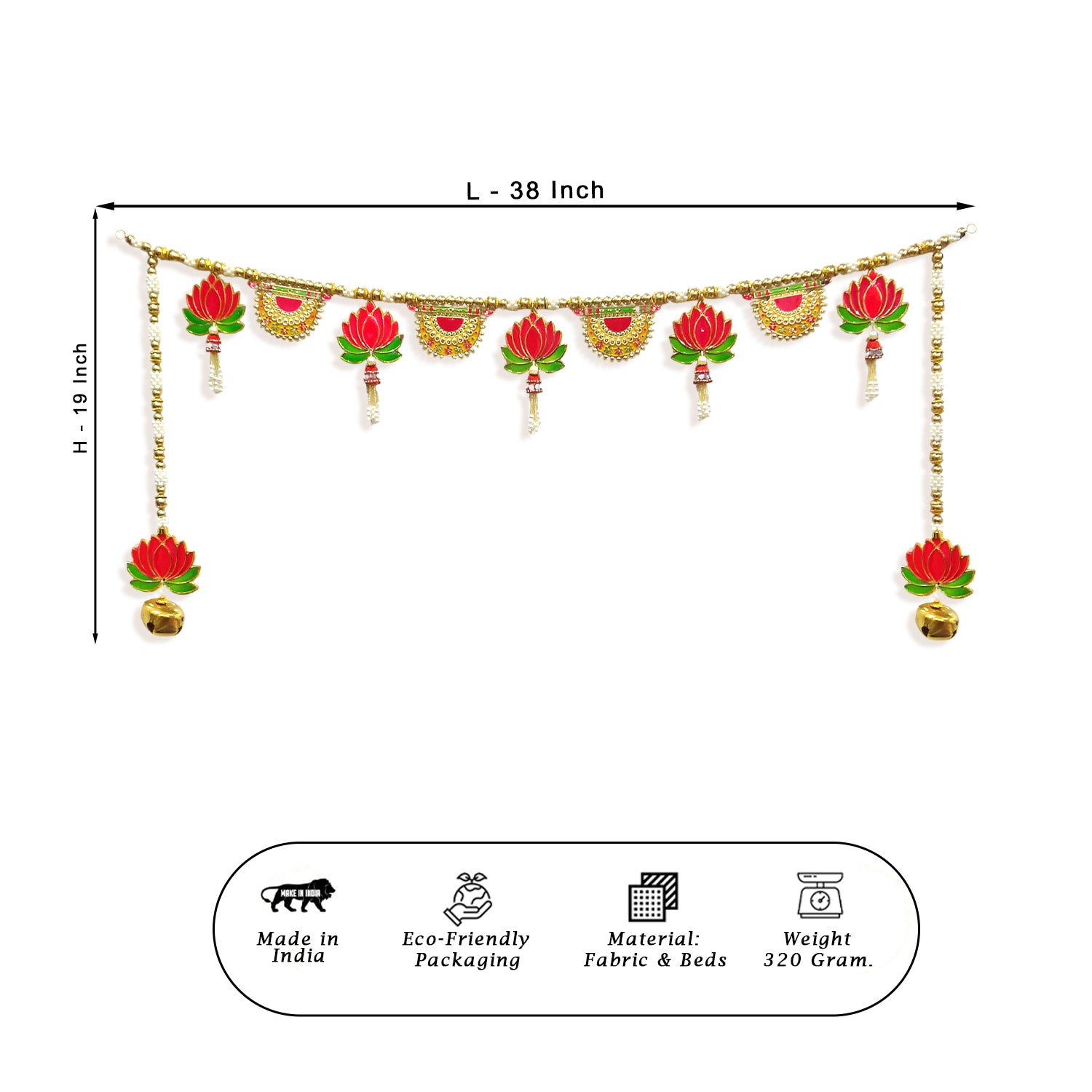 Decorative garland with measurements and product details on a white background