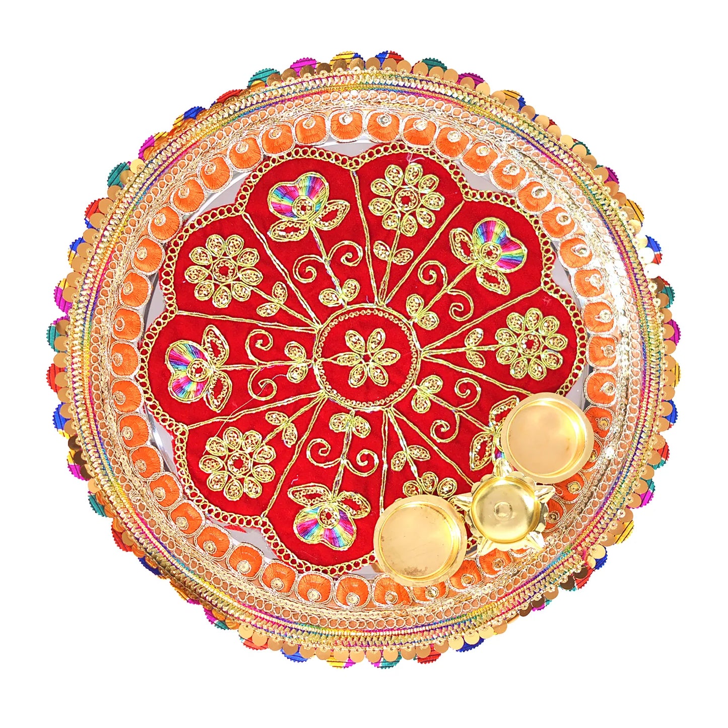 Decorative plate with red center, gold flowers, and colorful beads on a white background