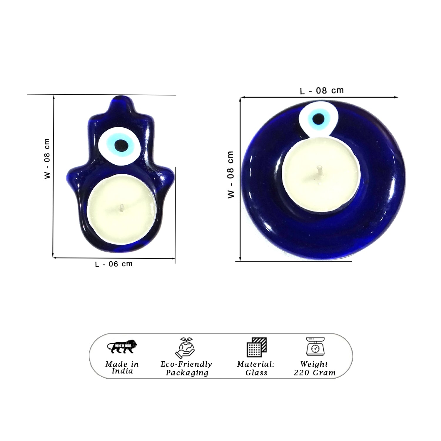 Two blue evil eye candles with measurements on a white background
