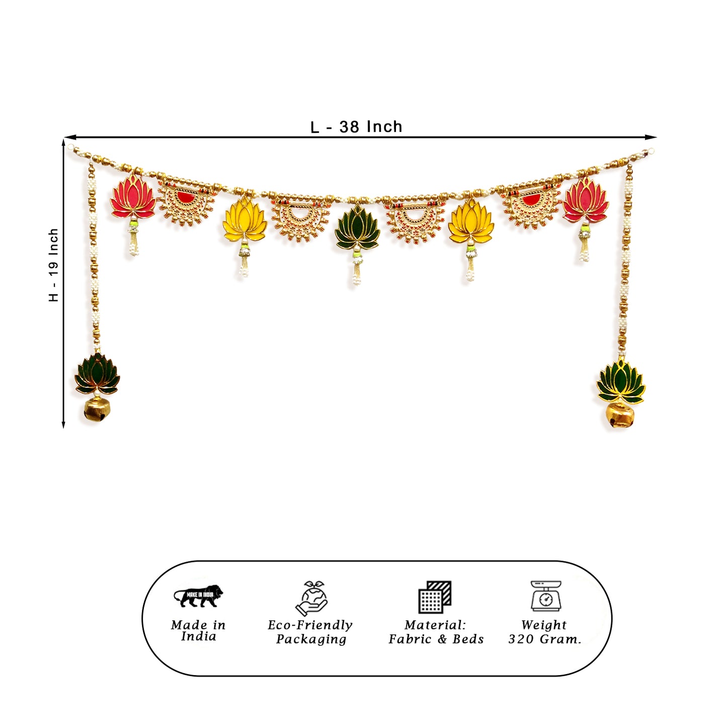 Decorative garland with measurements and product details on a white background