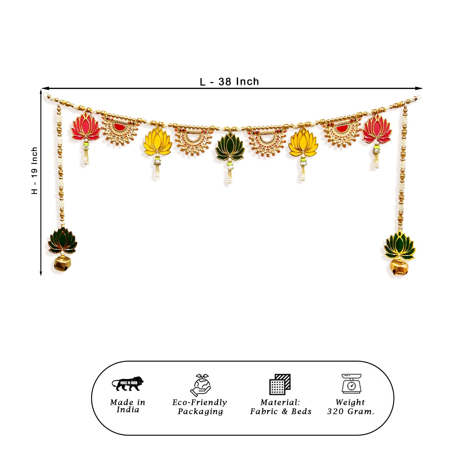 Decorative garland with measurements and product details on a white background