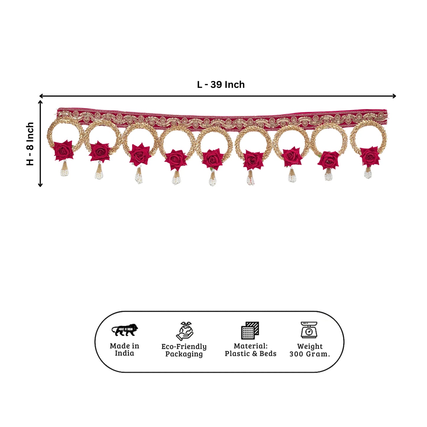 Decorative trim with red flowers and gold accents, shown with dimensions and product details on a white background.