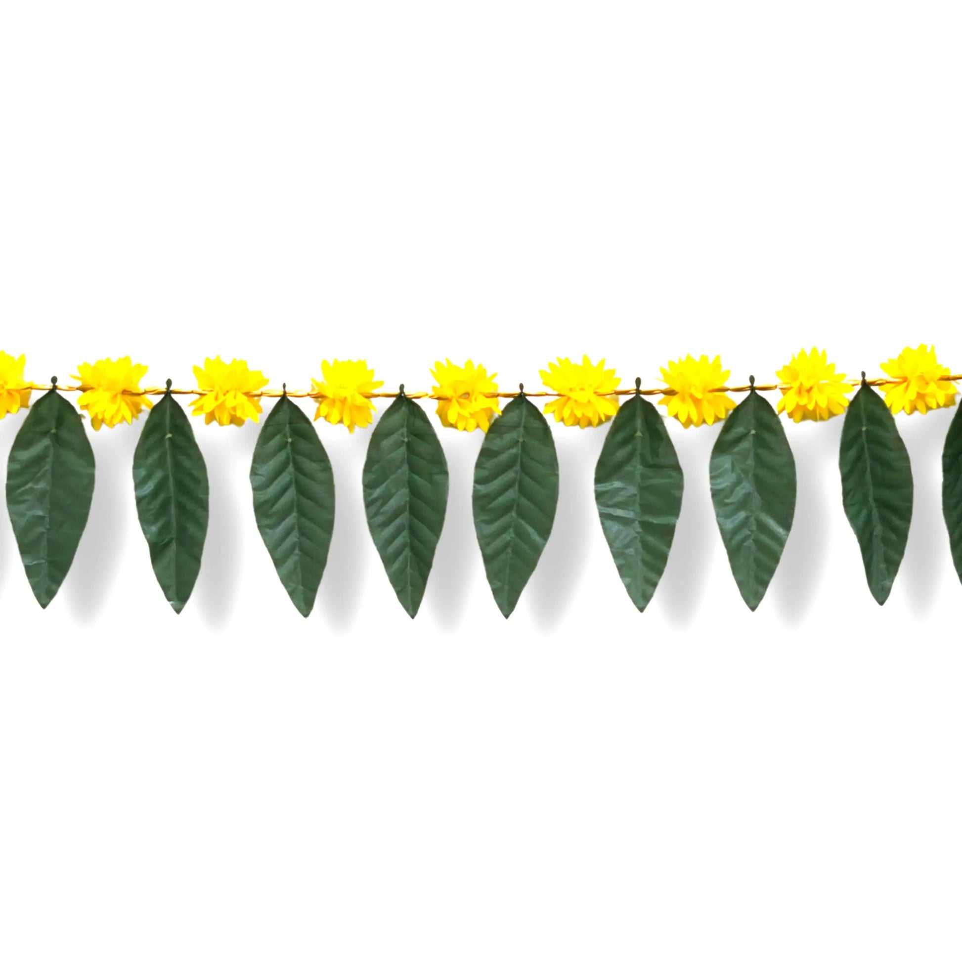 Decorative garland with yellow flowers and green leaves on a white background