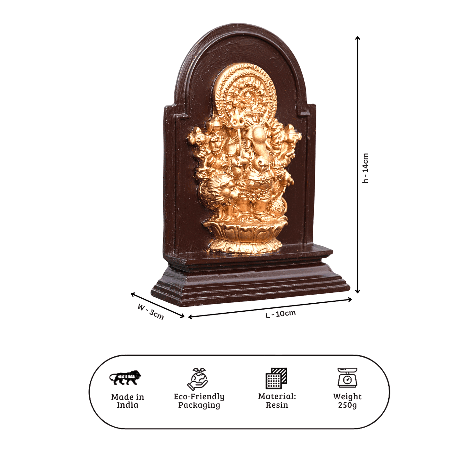 Gold figurine on a wooden stand with dimensions and product details on a white background