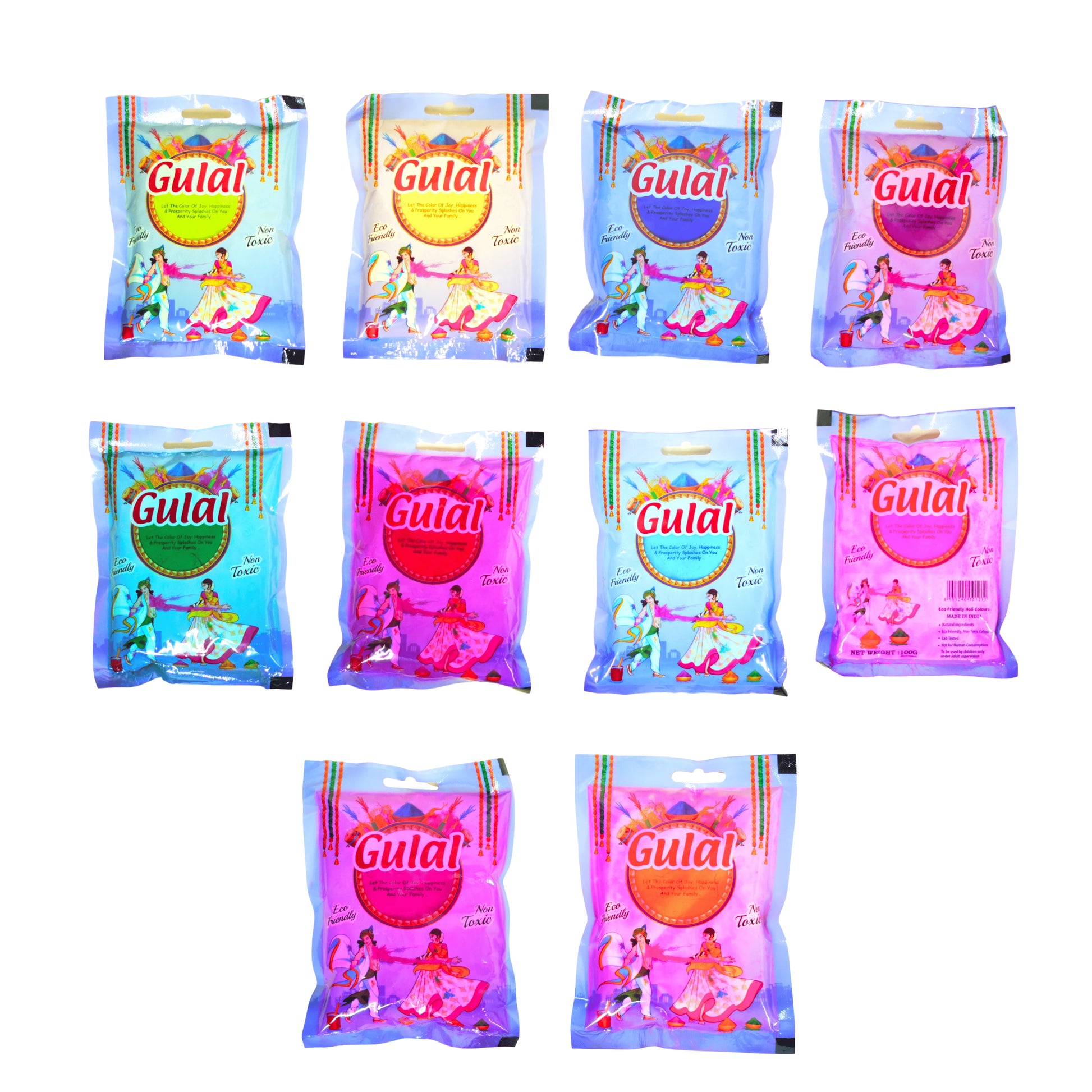Multiple Gulal packets in various colors on a white background