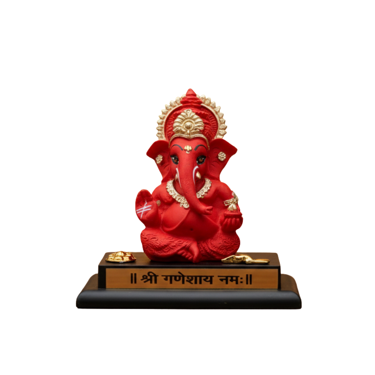 Red Ganesha statue on a black base with gold accents on a white background