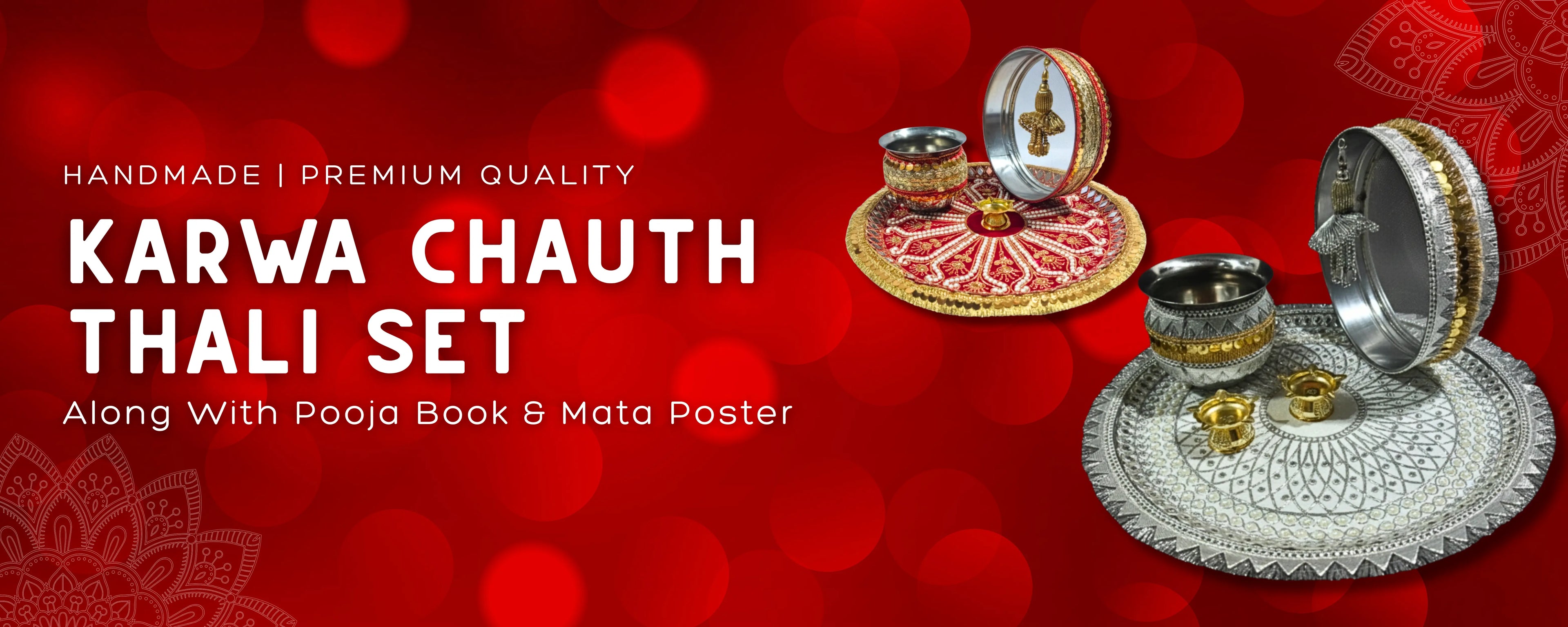 Karwa Chauth Thali set with pooja book and mata poster on a red background