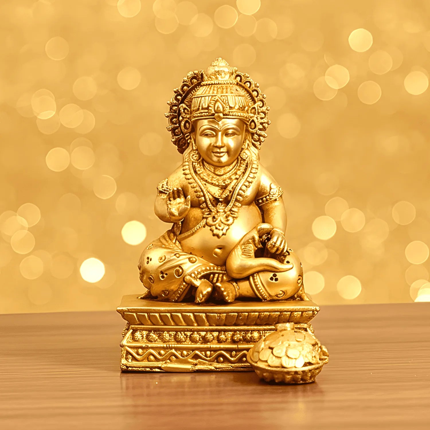 Gold-colored statue of a seated figure on a wooden surface with a blurred golden background