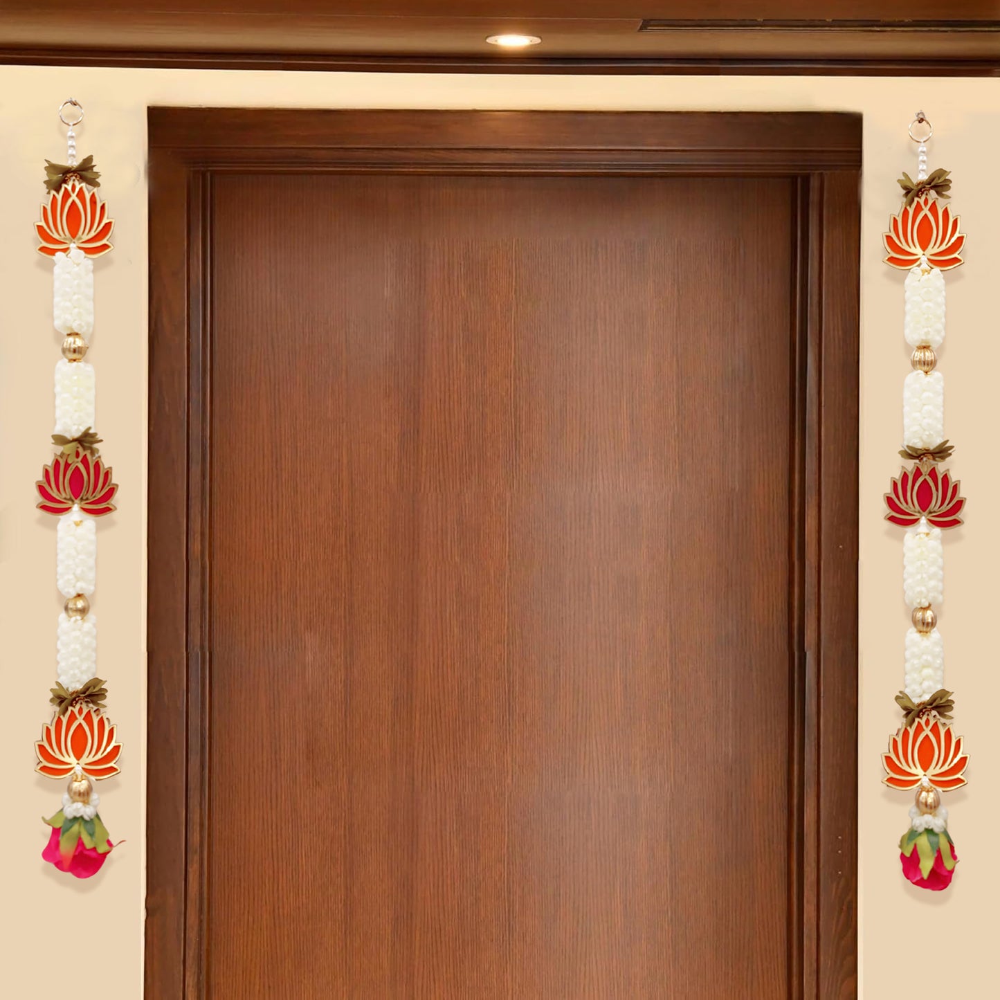 Decorative garlands on a wooden door with a neutral background