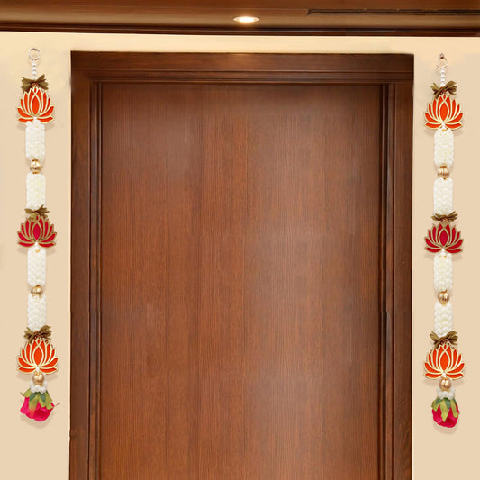Decorative garlands on a wooden door with a neutral background