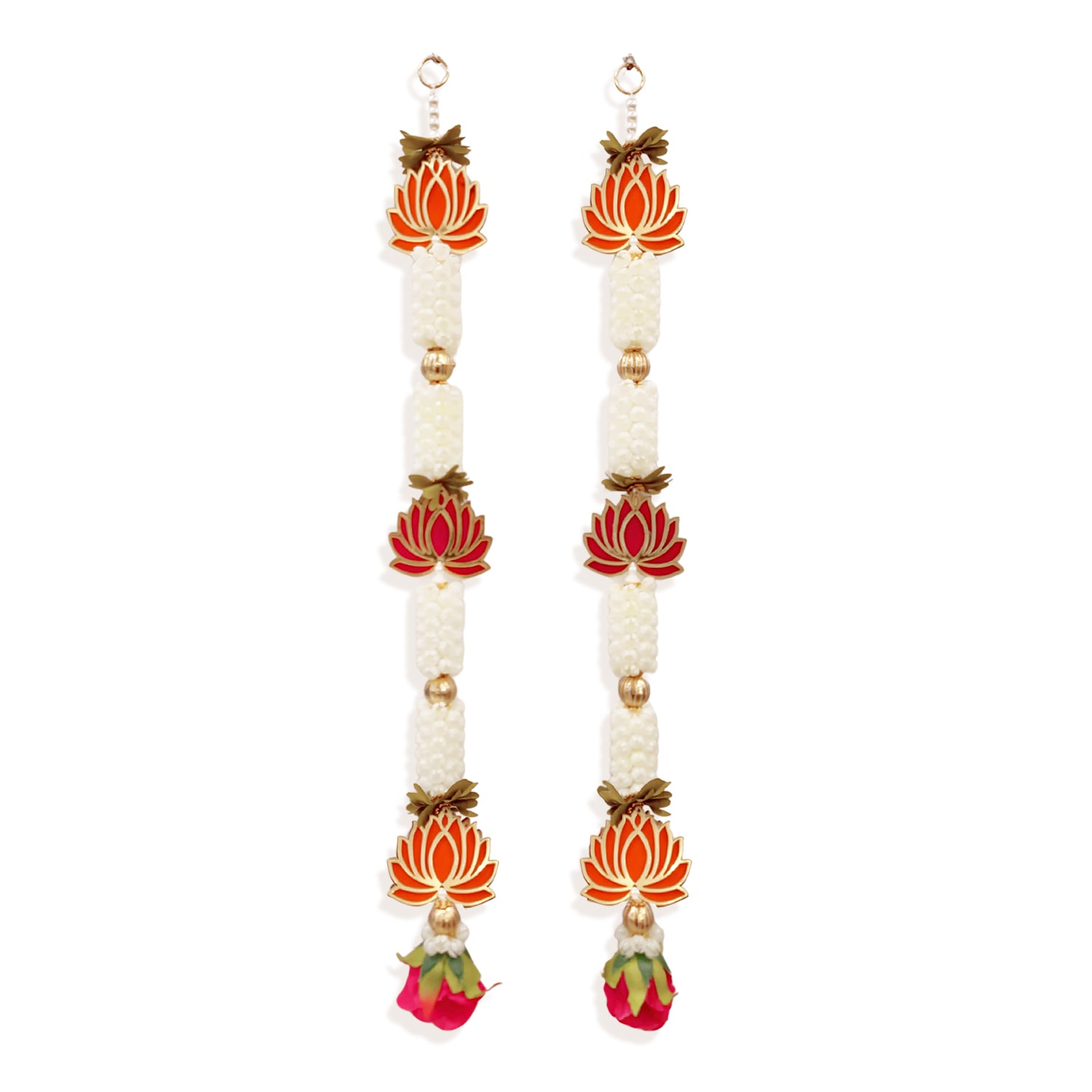 Pair of earrings with floral designs on a white background