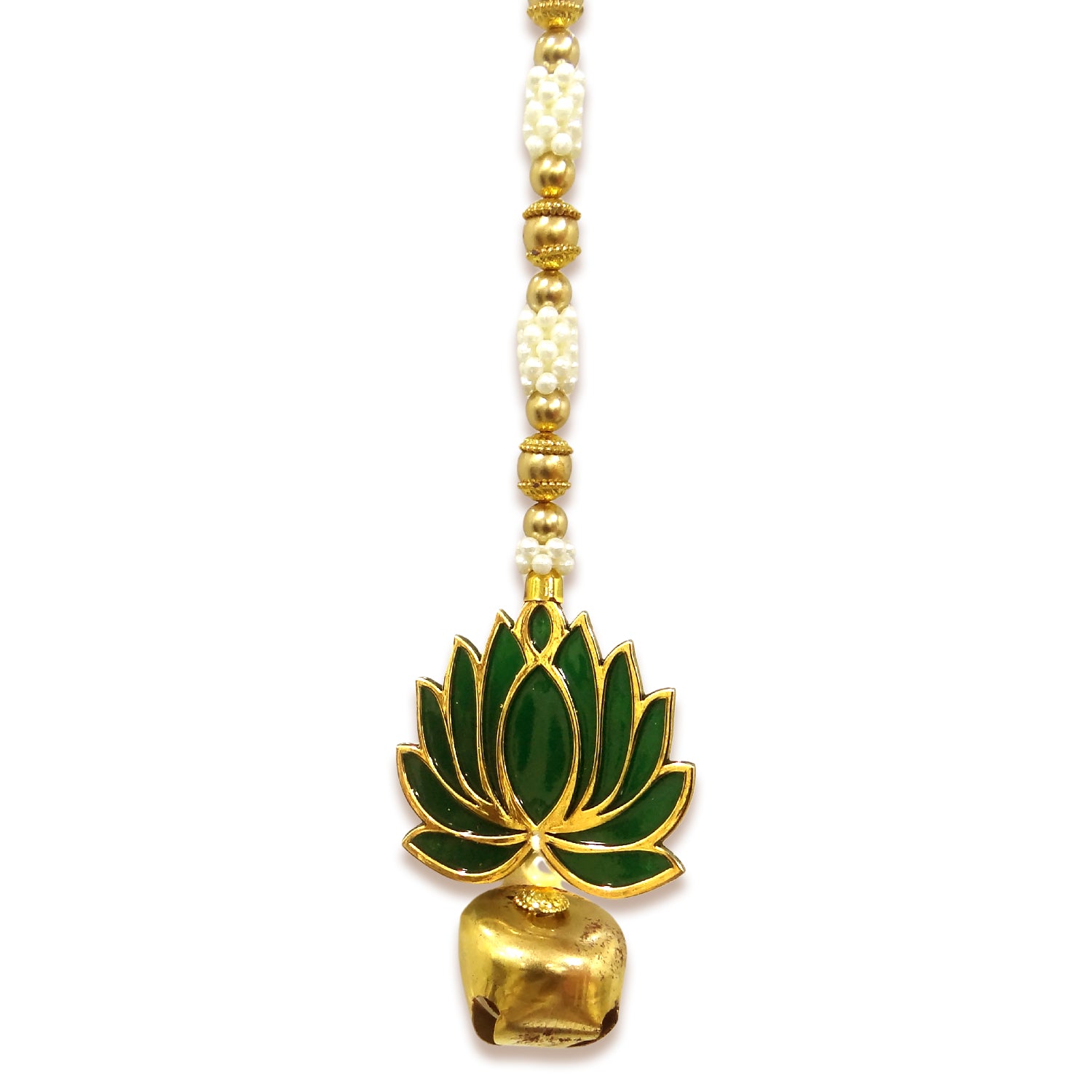 Necklace with green lotus pendant and gold beads on a white background