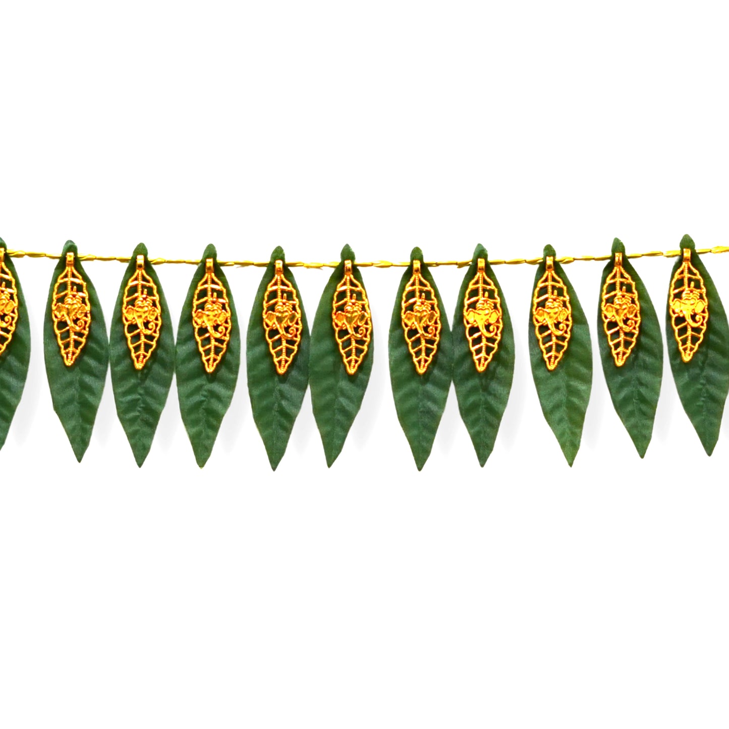 Decorative garland with green leaves and gold leaf patterns on a white background