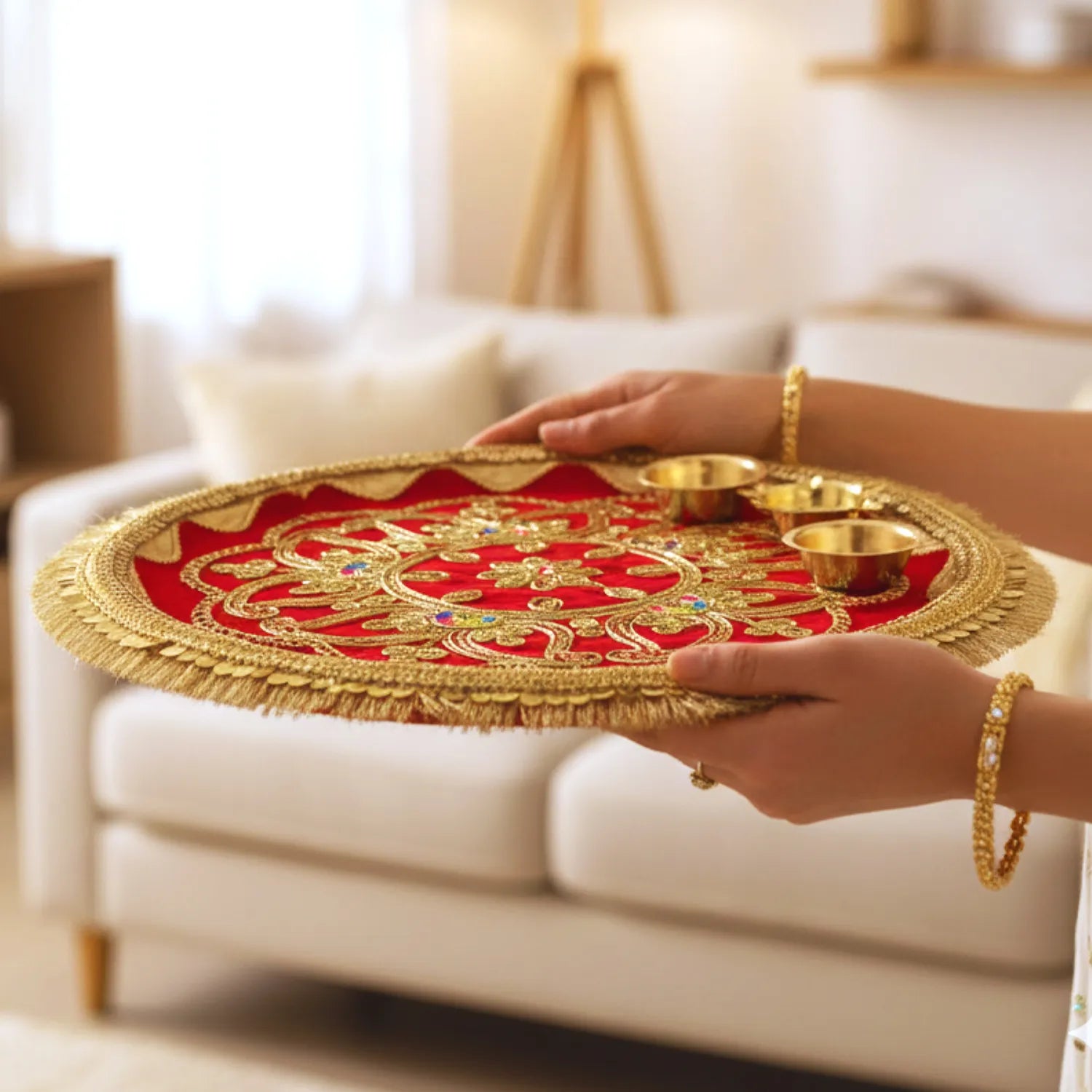 Decorative tray with gold and red design held by a person in a living room.