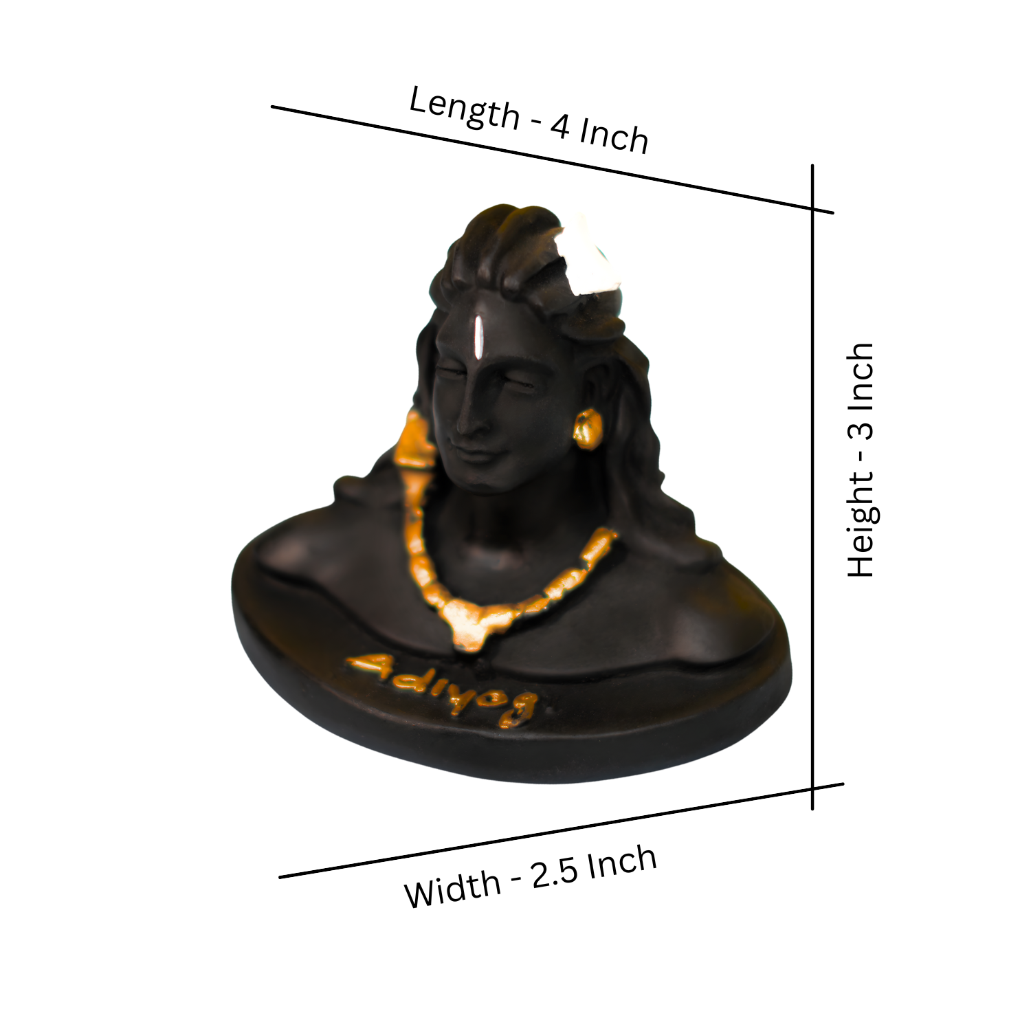 Black statue with gold accents and measurements on a white background