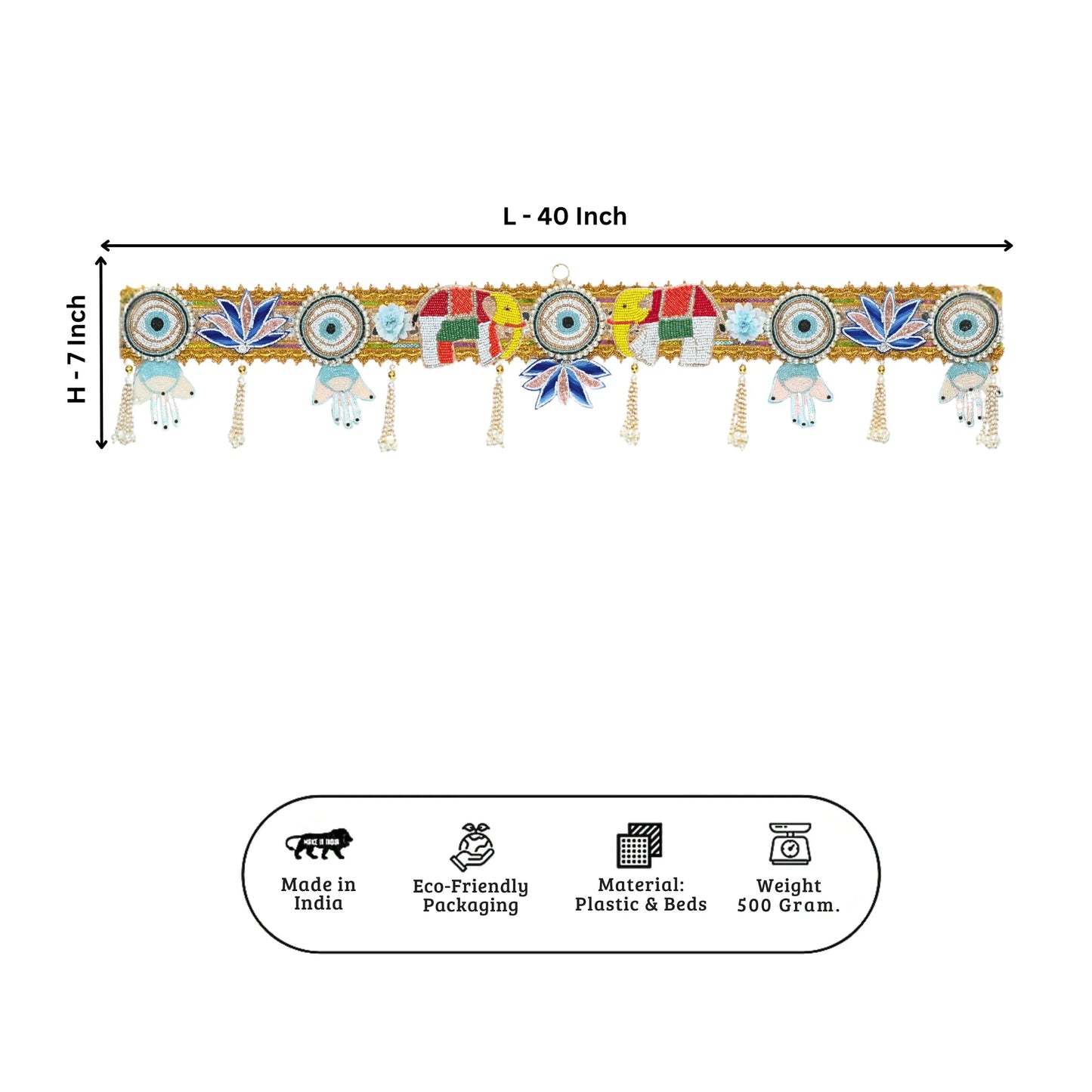 Decorative toran with measurements and product details on a white background