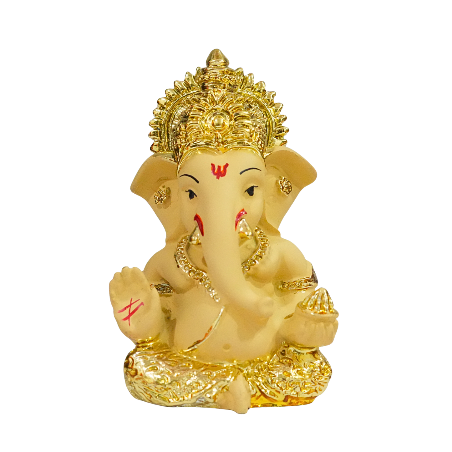 Decorative statue of a deity with gold and beige colors on a white background